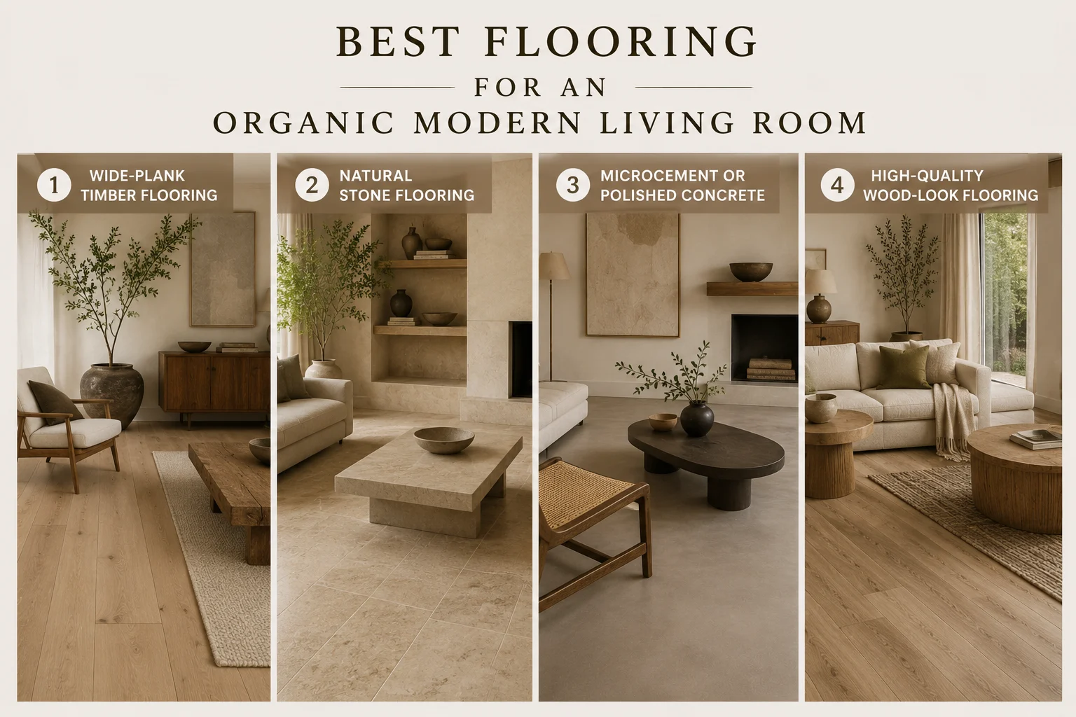 Best flooring for an Organic Modern living room, including wide-plank timber, natural stone, microcement and realistic wood-look flooring.