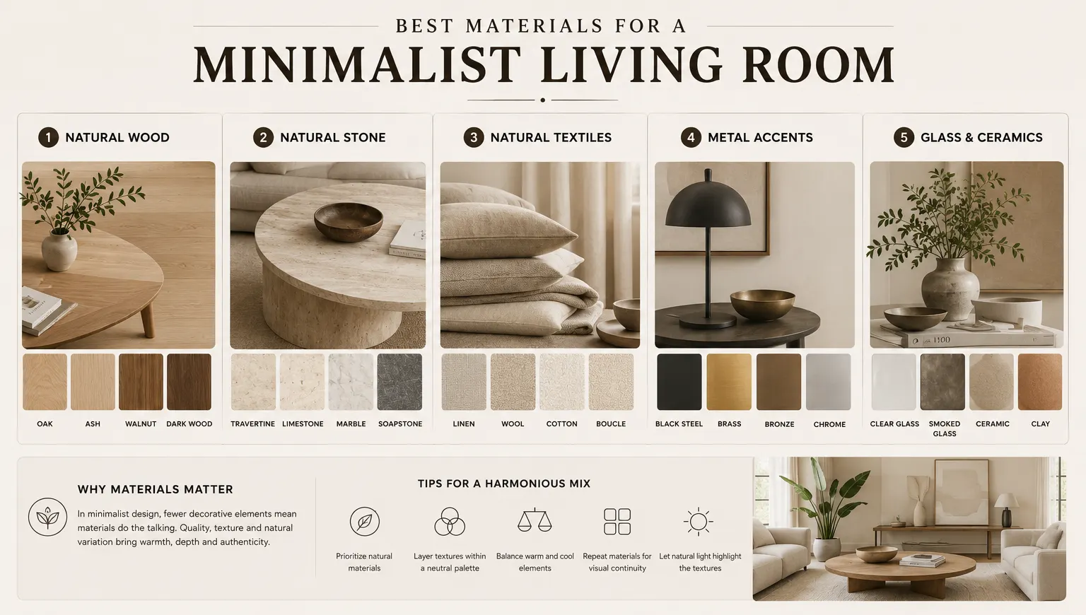 Best materials for a minimalist living room infographic featuring natural wood, stone, linen, wool, cotton, metal accents, glass and ceramics.