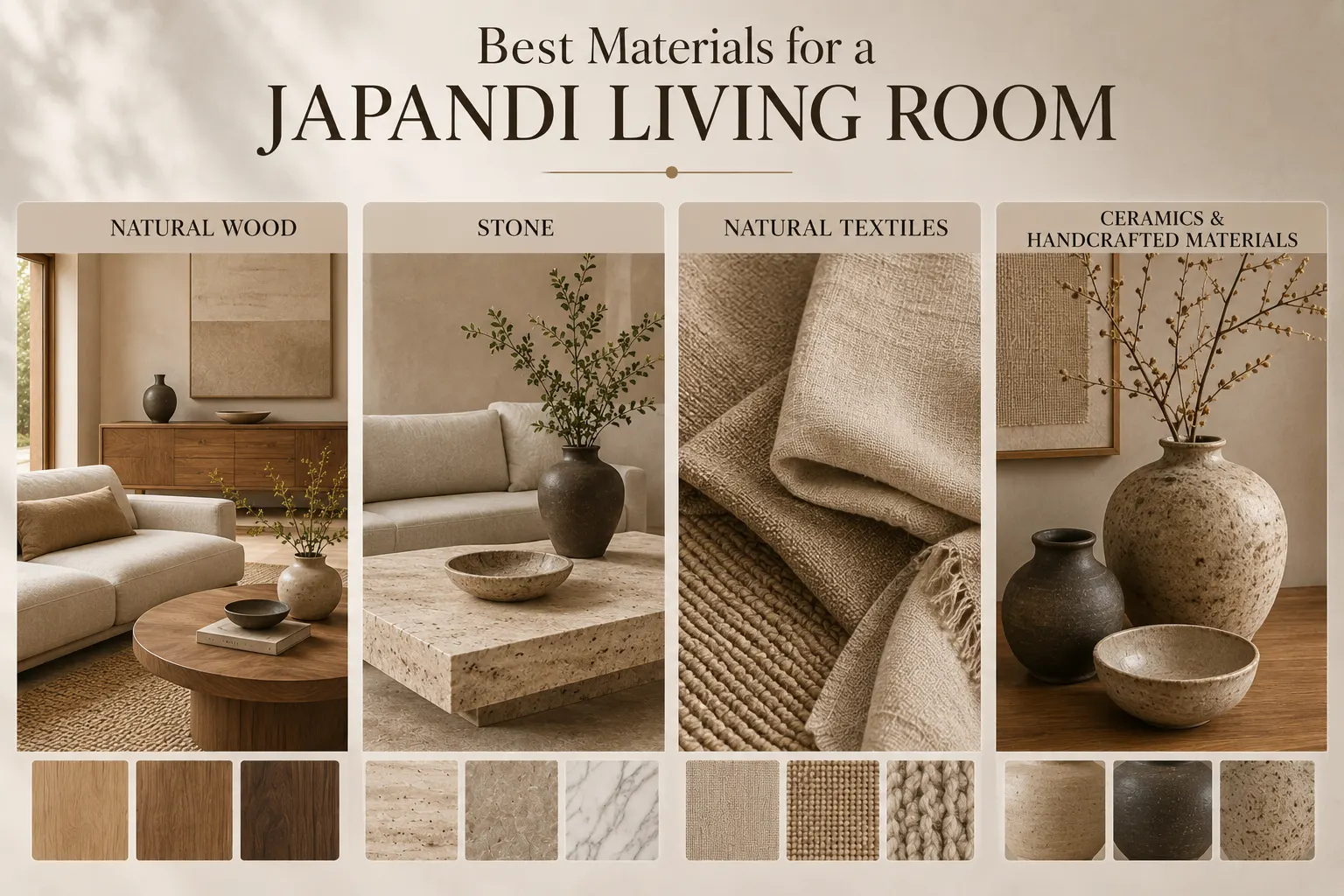 Best materials for a Japandi living room featuring natural wood, stone, linen textiles and handcrafted ceramics