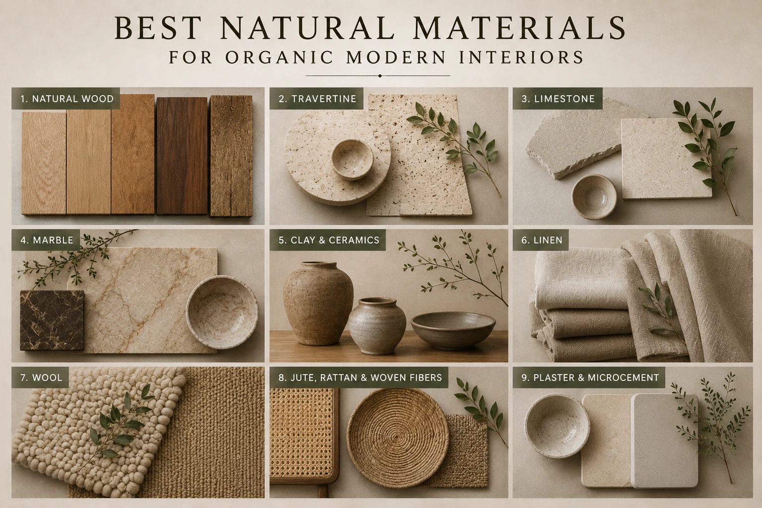 Best natural materials for Organic Modern interiors including natural wood, travertine, limestone, marble, handmade ceramics, linen, wool, rattan and plaster.