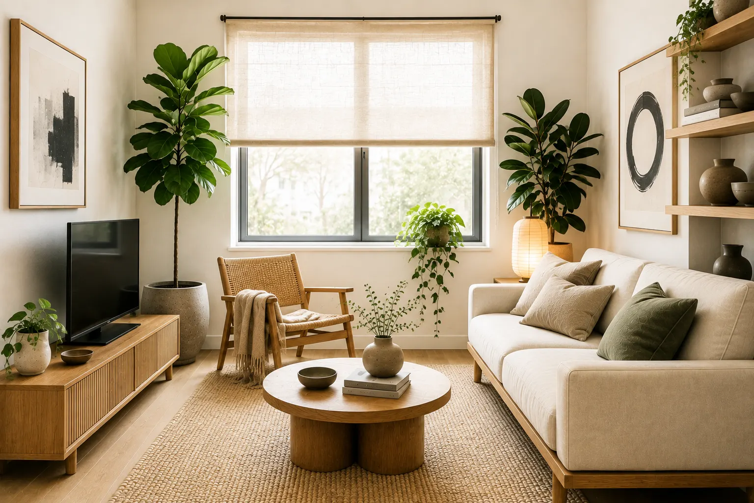 Small Japandi living room with compact sofa, wood furniture, closed storage, natural textures and indoor plants