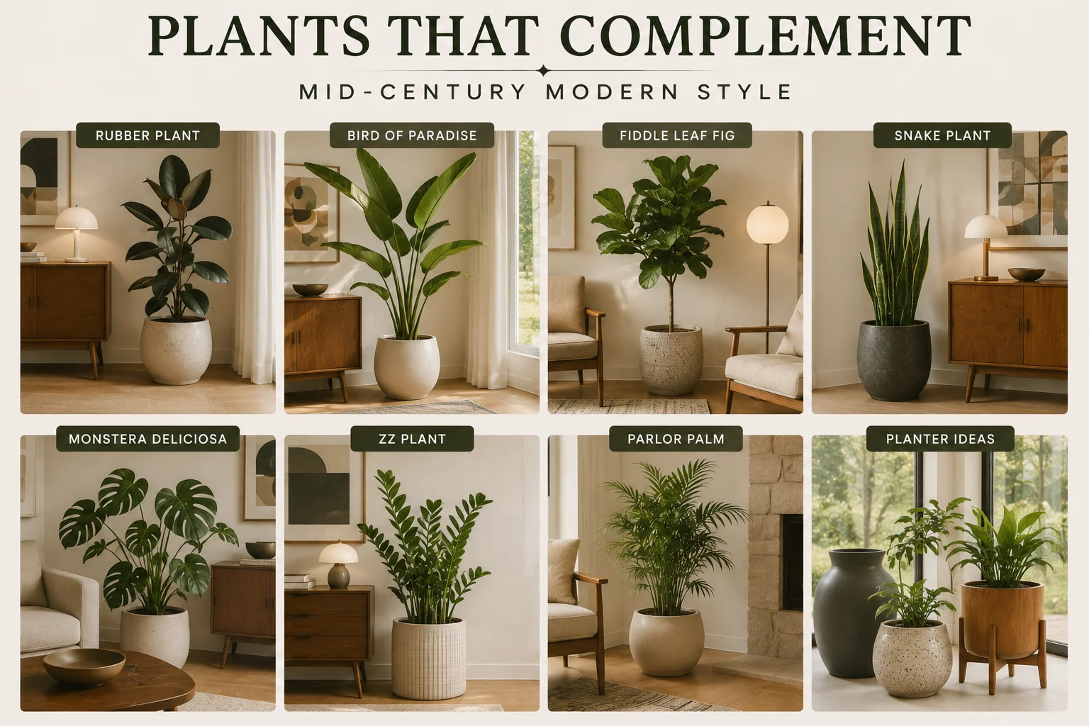 Best plants for Mid-Century Modern living rooms, including Rubber Plant, Bird of Paradise, Fiddle Leaf Fig, Snake Plant, Monstera, ZZ Plant and Parlor Palm.