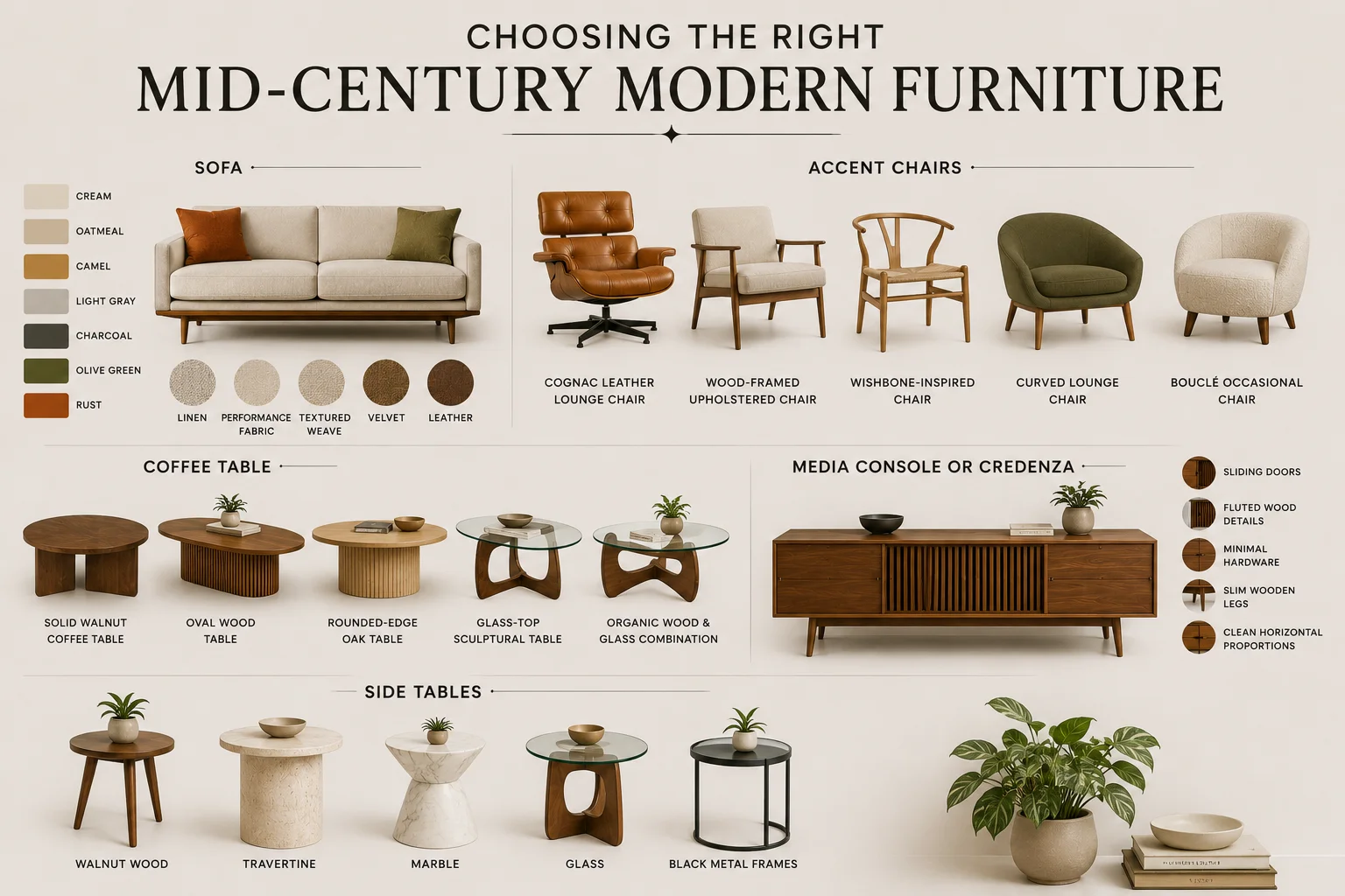 Mid-Century Modern furniture guide featuring low-profile sofas, accent chairs, walnut coffee tables, credenzas and side tables in timeless materials.