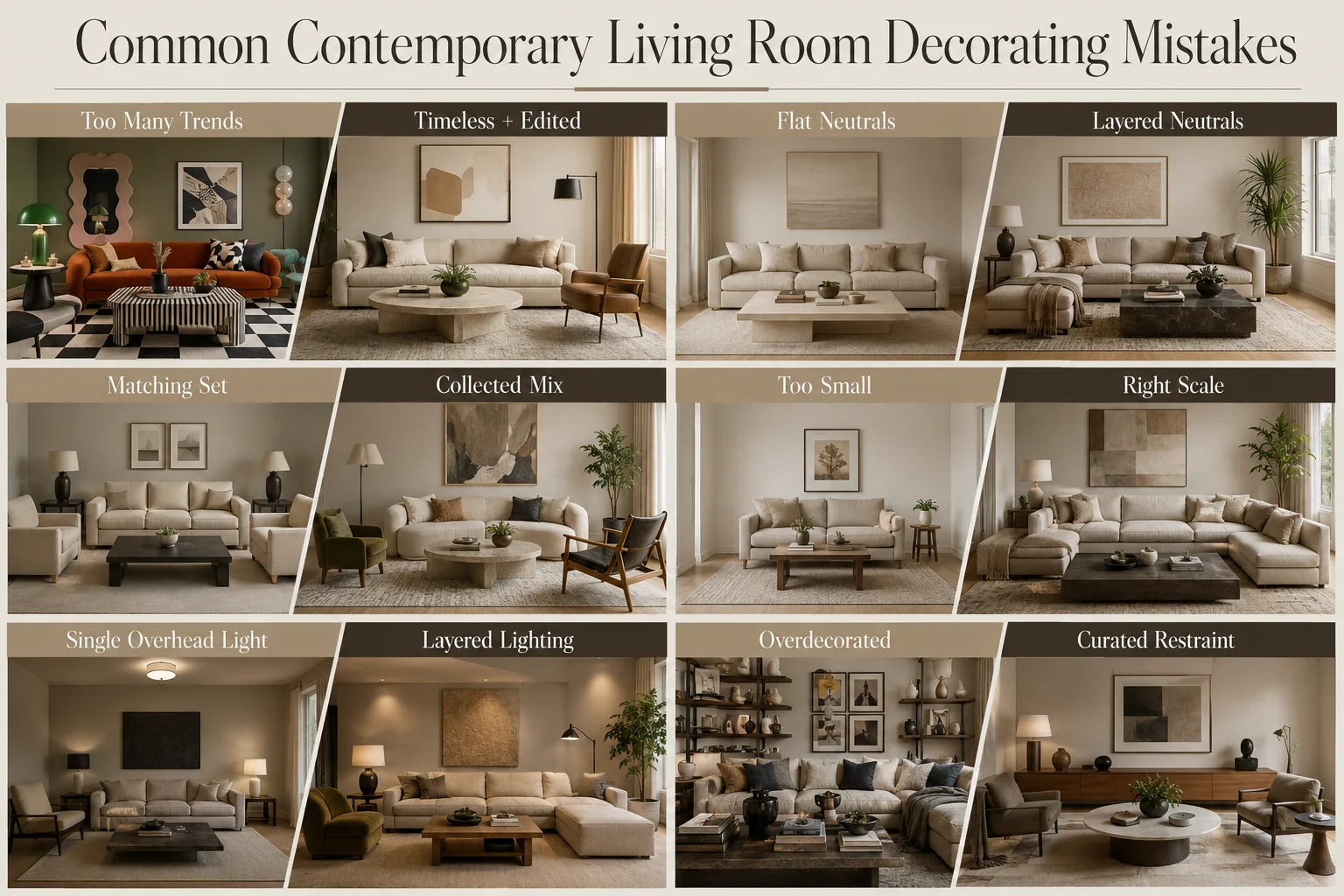 Common contemporary living room decorating mistakes infographic comparing overdecorated, flat, mismatched and poorly lit rooms with better styling alternatives