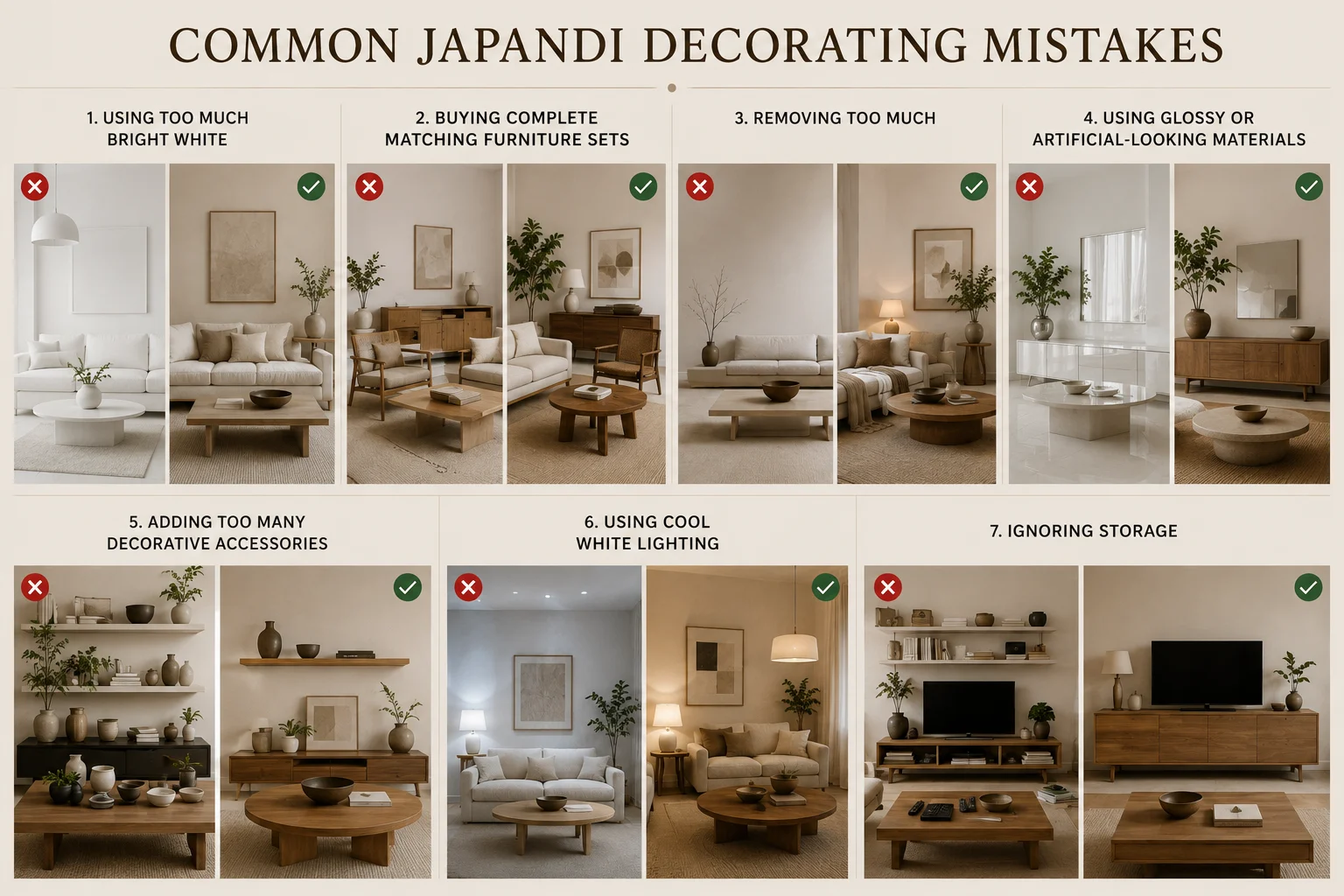 Common Japandi decorating mistakes showing correct and incorrect living room design choices