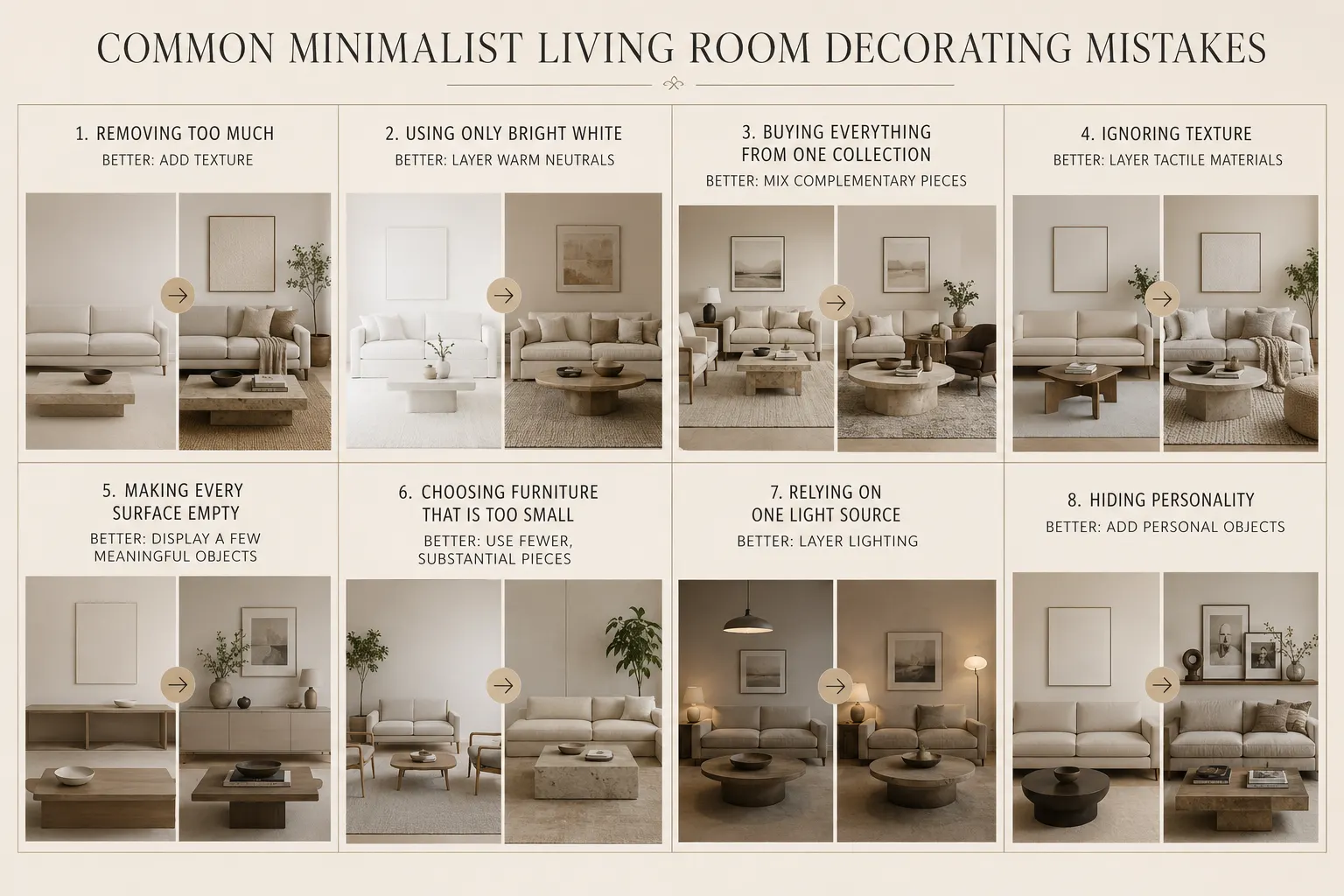 Common minimalist living room decorating mistakes infographic showing eight mistakes and better alternatives for layout, lighting, texture, furniture and decor.