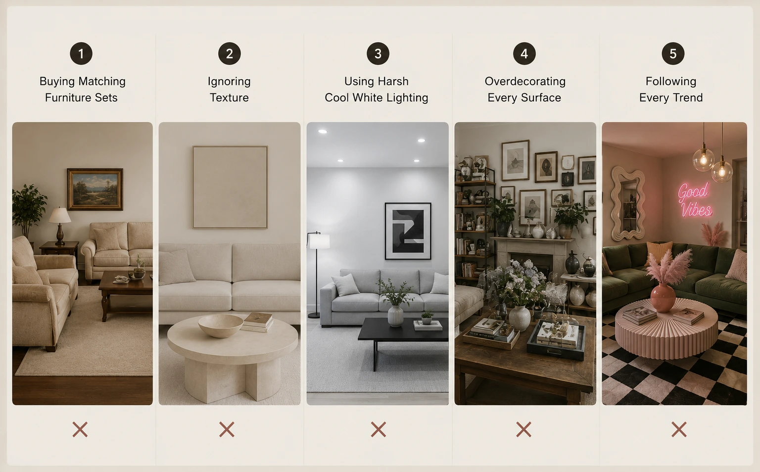 Infographic showing five common modern living room decorating mistakes including matching furniture sets, lack of texture, cool white lighting, overdecorating, and following every trend.