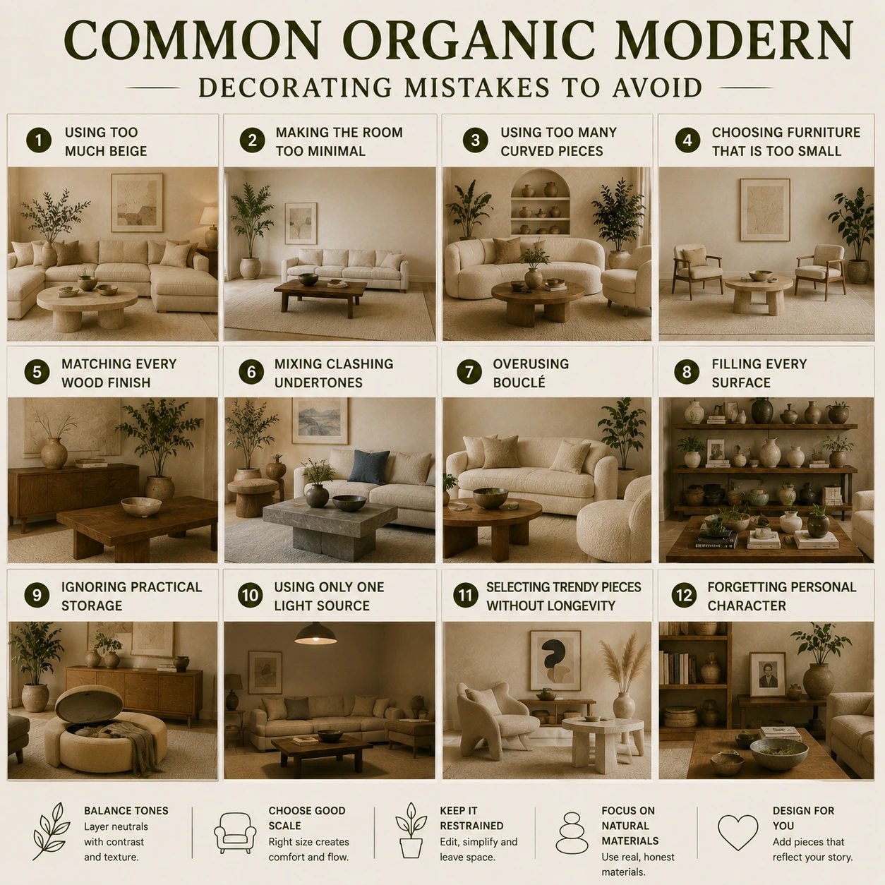Common organic modern decorating mistakes to avoid, including too much beige, mismatched wood, excess curves, clutter and poor lighting