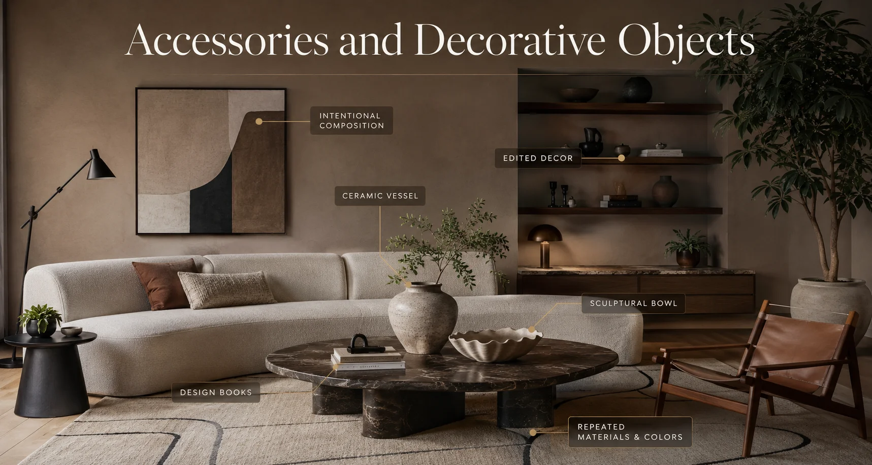 Contemporary living room accessories and decorative objects with ceramic vessels, sculptural bowls, design books and intentionally edited decor