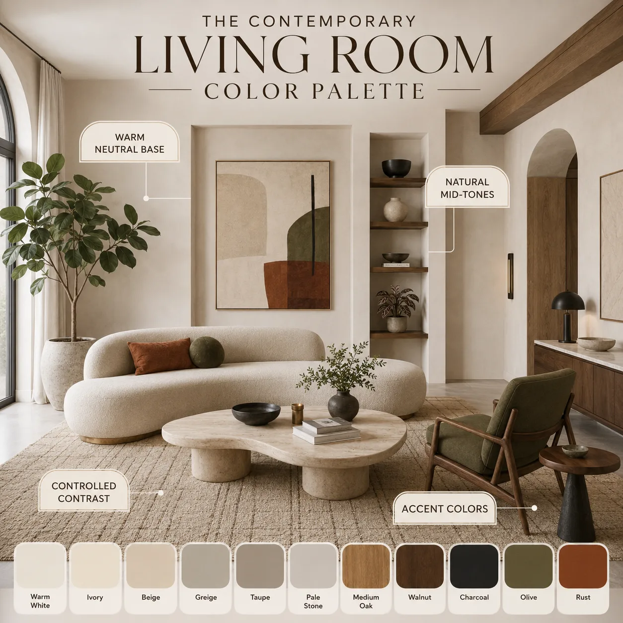 Contemporary living room color palette infographic with warm neutrals, natural wood tones, charcoal contrast and muted accent colors