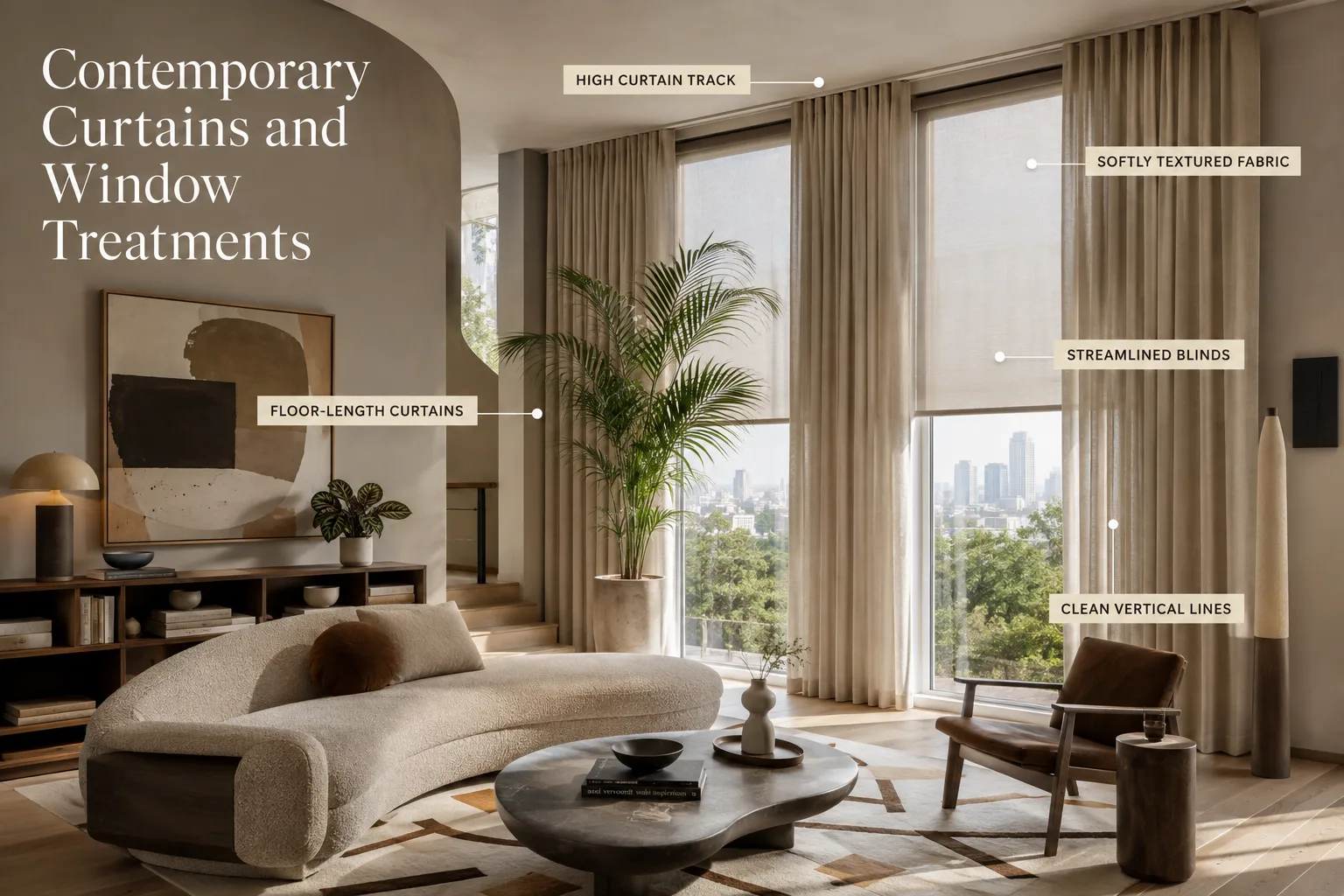 Contemporary living room curtains and window treatments with floor-length linen curtains, high curtain track and streamlined roller shades