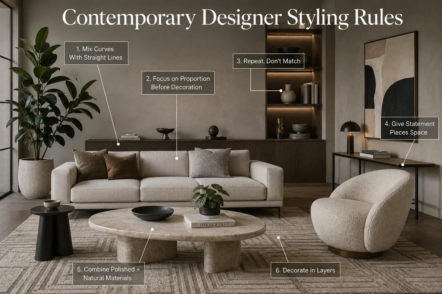 Contemporary designer styling rules showing balanced proportions, curved and straight forms, repeated materials, statement pieces and layered decor
