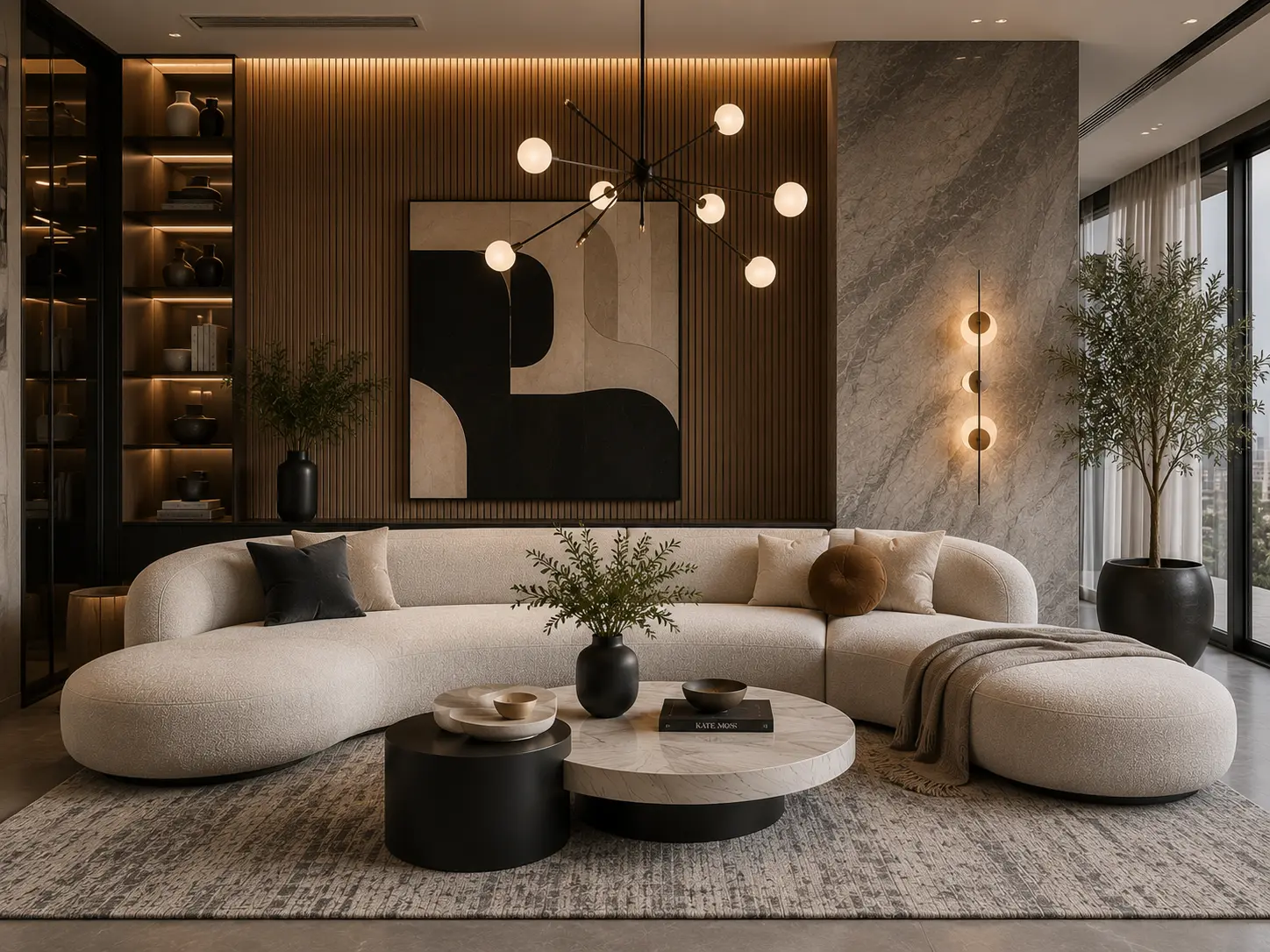 Luxury contemporary living room with a curved modular sofa, sculptural coffee table, fluted wood wall panels, statement chandelier, textured stone surfaces, and oversized abstract artwork.