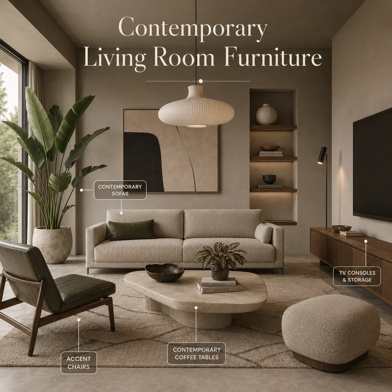 Contemporary living room furniture infographic featuring a neutral sofa, accent chair, sculptural coffee table and streamlined TV console