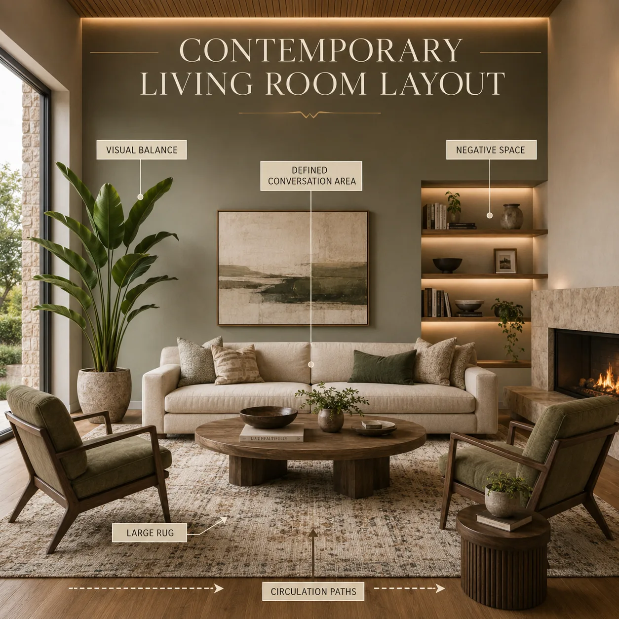 Contemporary living room layout showing a defined conversation area, large rug, circulation paths, negative space and balanced furniture placement