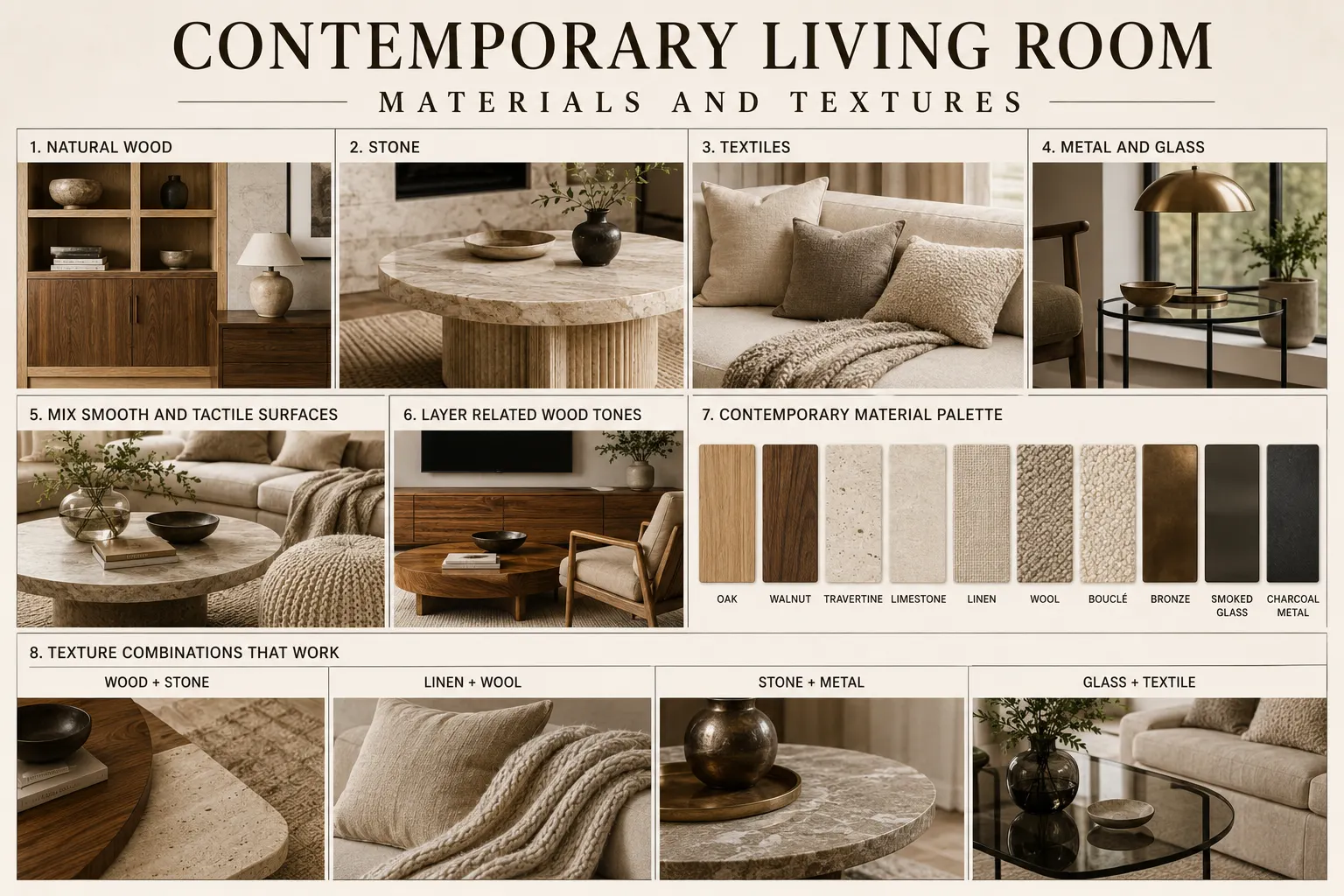 Contemporary living room materials and textures guide featuring natural wood, stone, linen, wool, bouclé, metal and glass