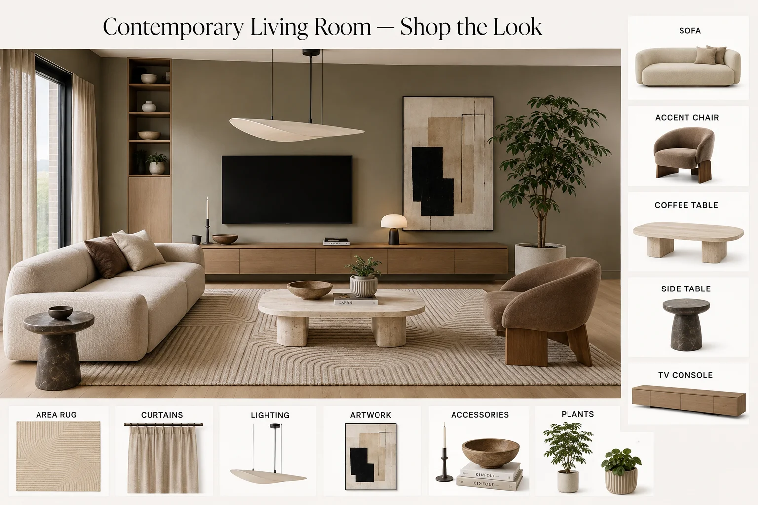 Contemporary living room shop the look featuring sofa, accent chair, coffee table, rug, curtains, lighting, artwork, accessories and plants