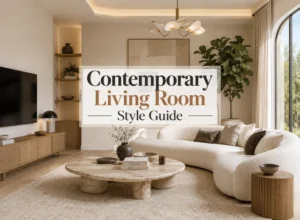 Contemporary living room with clean-lined furniture, warm neutral tones, layered textures and modern decor
