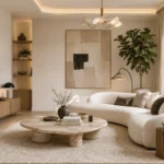 Sophisticated contemporary living room with a curved cream sofa, travertine coffee table, oak media console, fiddle leaf fig tree, sculptural chandelier, neutral décor, and layered lighting.
