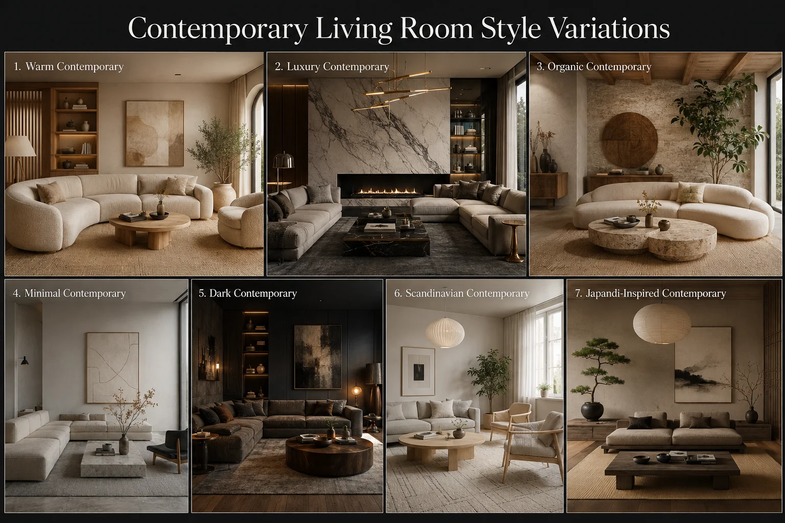 Contemporary living room style variations showing warm, luxury, organic, minimal, dark, Scandinavian and Japandi-inspired contemporary interiors