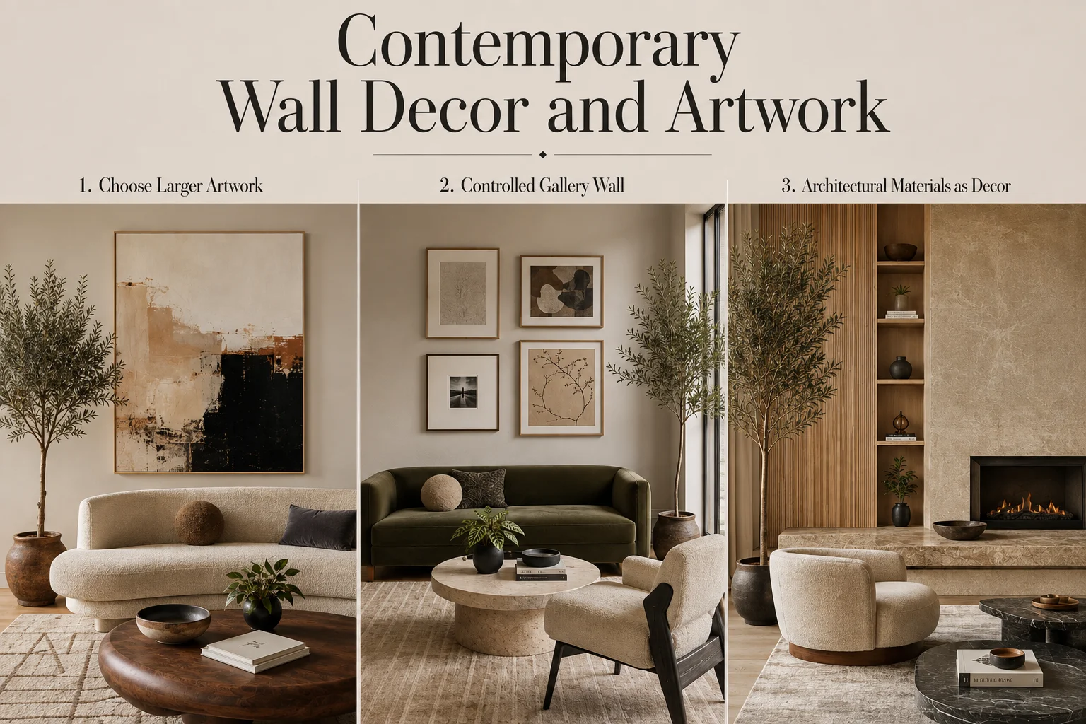 Contemporary wall decor and artwork guide featuring oversized art, a controlled gallery wall and architectural materials as decoration