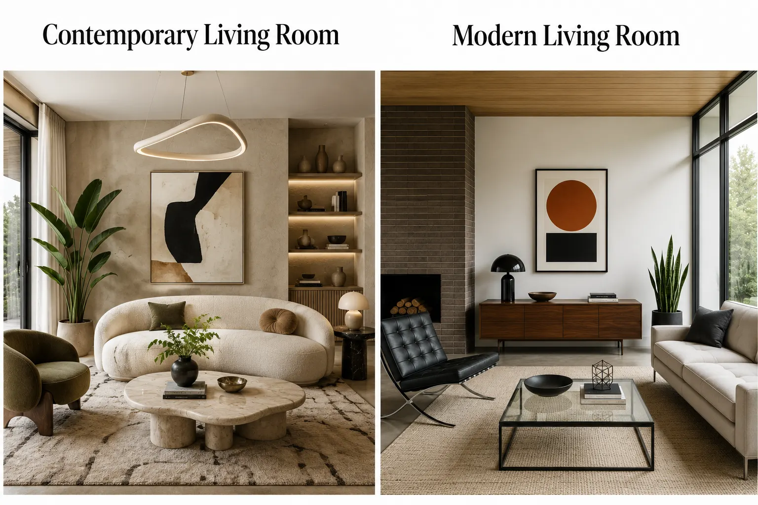 Contemporary vs modern living room comparison showing curved contemporary furniture and clean-lined modern interior design