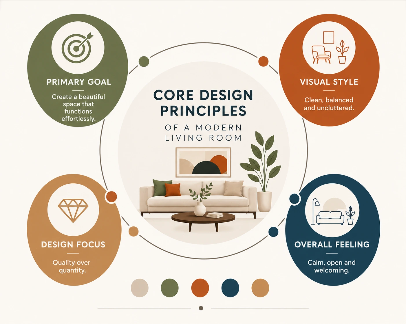 Vector infographic showing the core design principles of a modern living room with clean layout, circular design, and modern interior concepts including simplicity, quality, balance, and functionality.