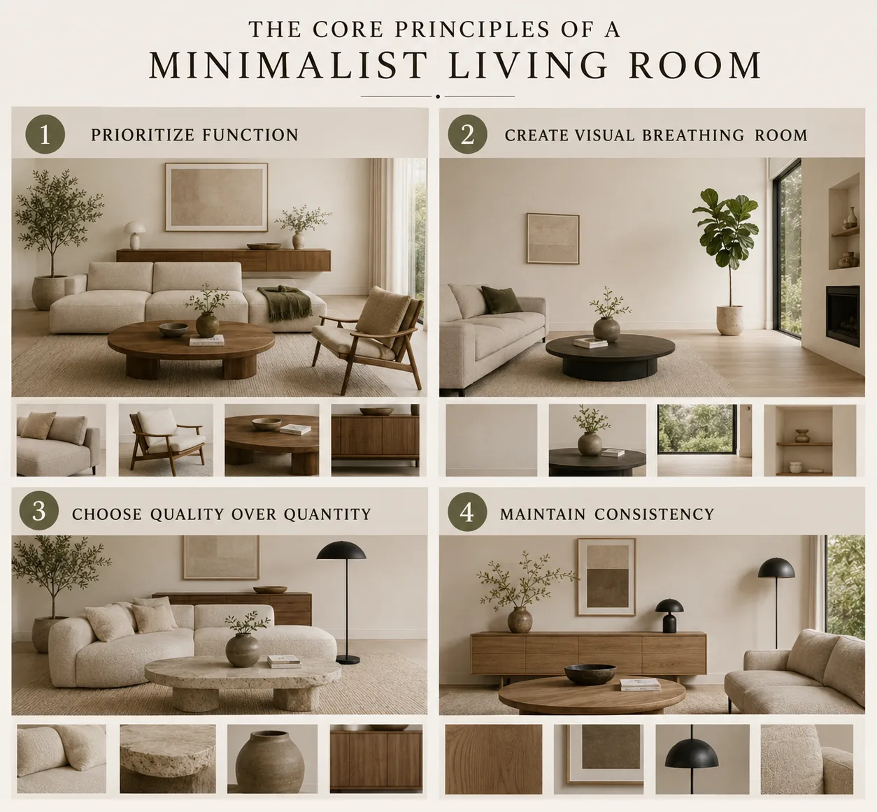 Core principles of a minimalist living room infographic showing functional furniture, negative space, quality materials and consistent design elements.
