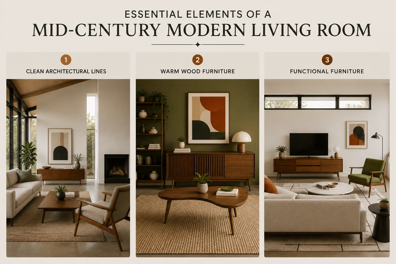 Essential elements of a Mid-Century Modern living room showing clean architectural lines, warm walnut furniture and functional furniture with timeless design.