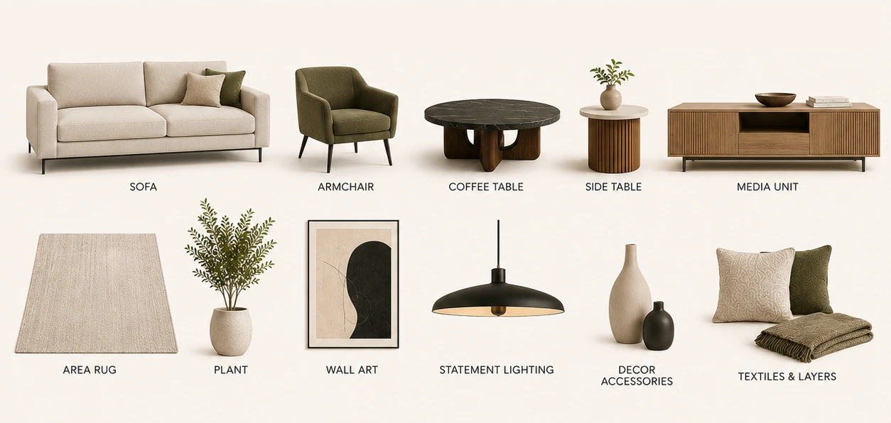 Essential modern living room elements including sofa, armchair, coffee table, media unit, area rug, statement lighting, plants and modern decor accessories.