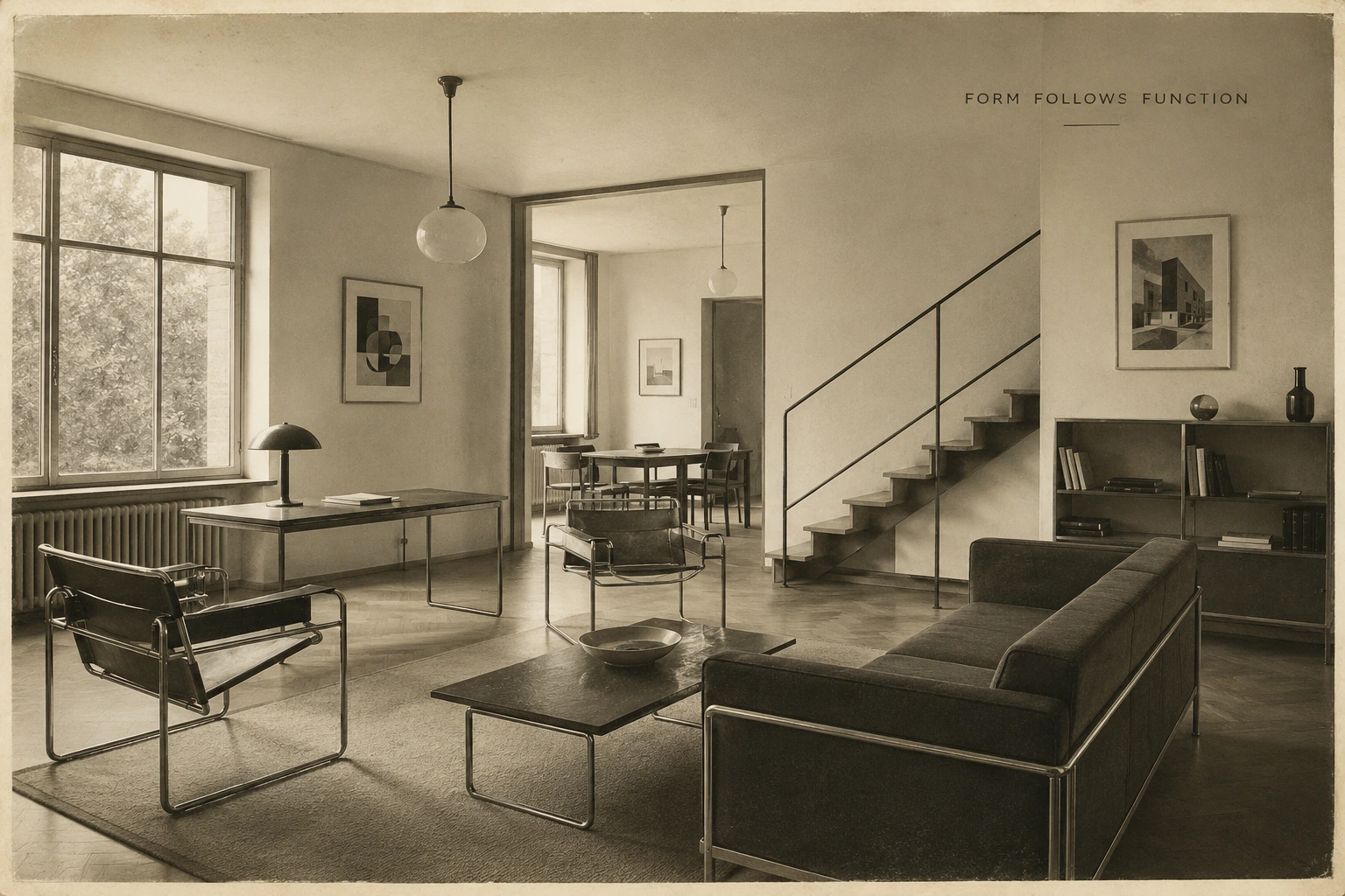 Vintage illustration showing the history of modern interior design with early 20th century Bauhaus influence, minimalist architecture, functional furniture, and the principle of form follows function.