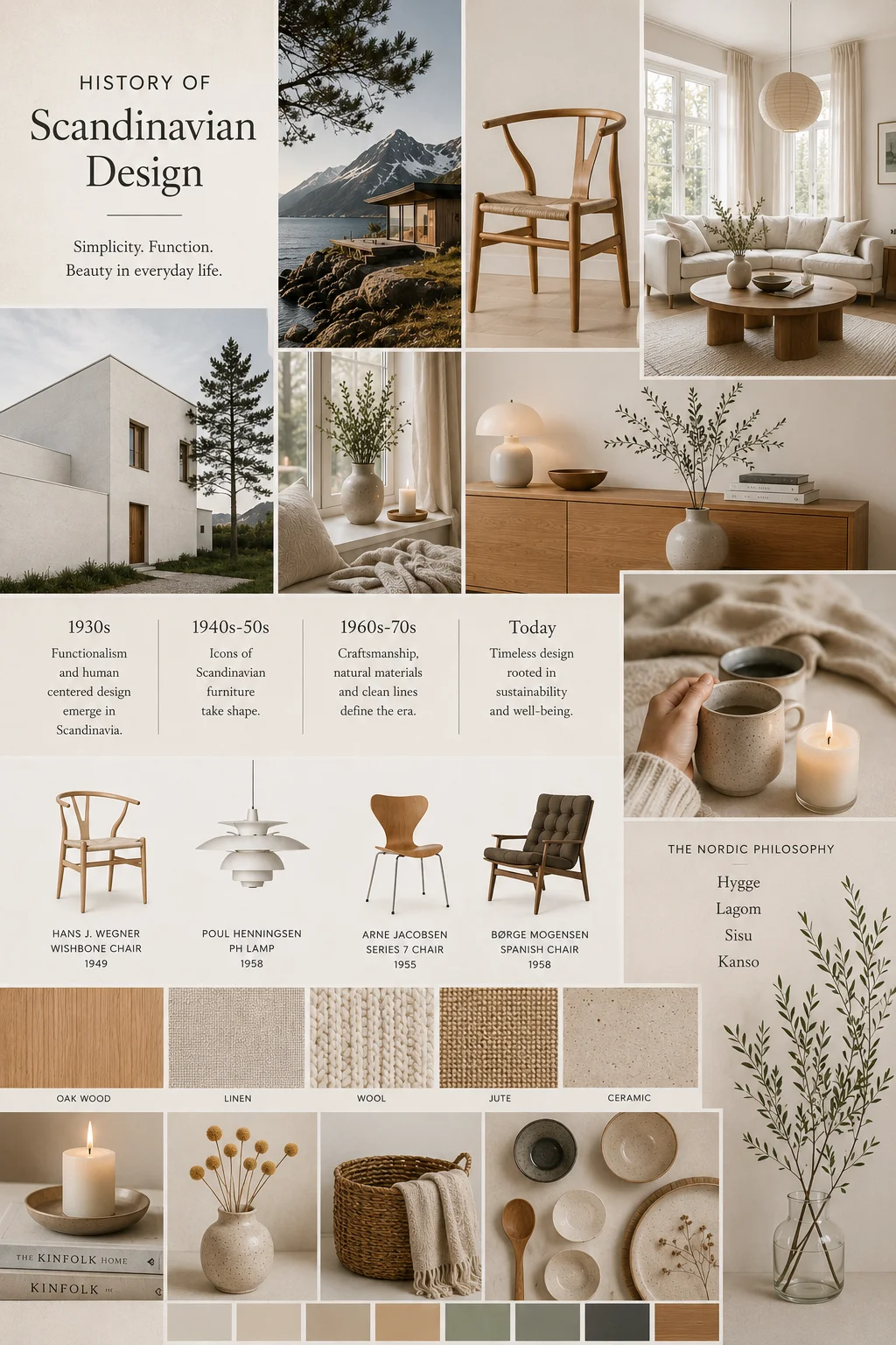 History of Scandinavian design mood board featuring Nordic architecture, iconic Scandinavian furniture, Danish hygge lifestyle, Swedish interiors, Finnish minimalism, oak wood textures, linen fabric, handcrafted ceramics, candles and a neutral Nordic color palette.