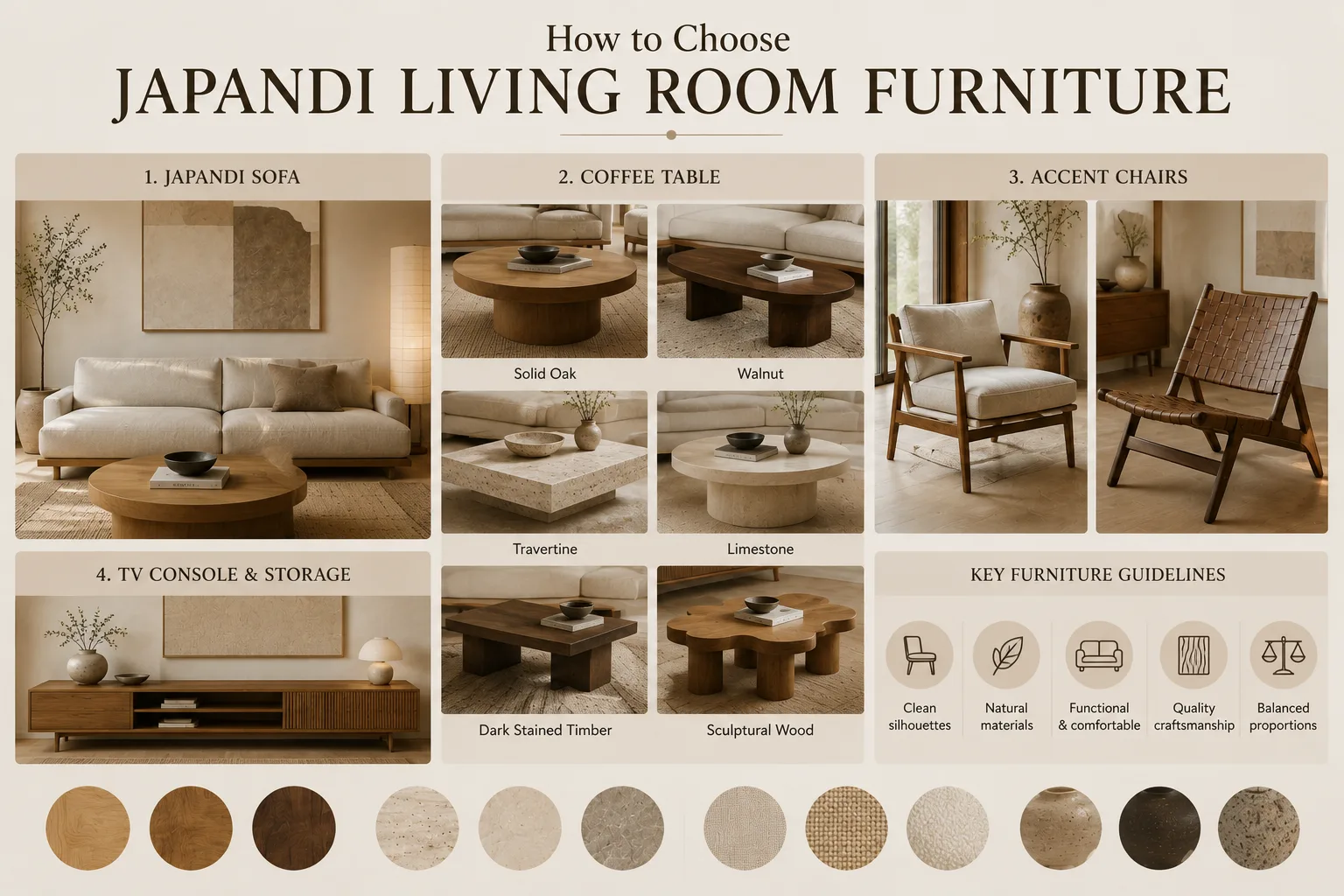 Japandi living room furniture guide with sofa, coffee tables, accent chairs and wood 