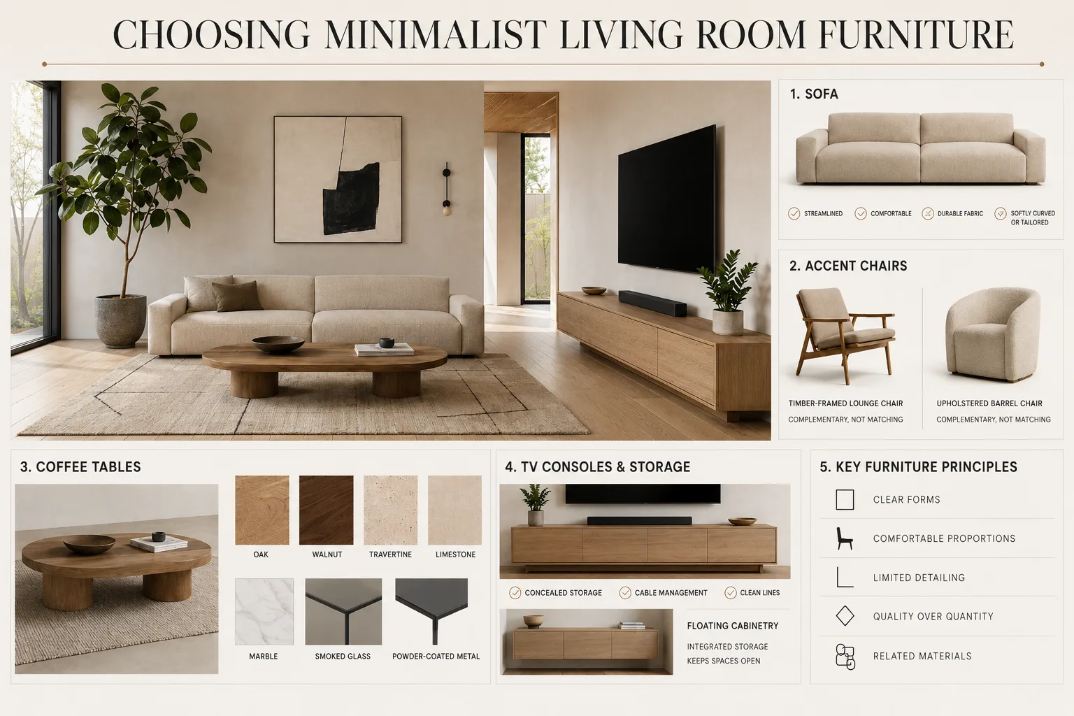 Minimalist living room furniture guide showing sofa, accent chairs, coffee table materials, TV console storage and key furniture principles.
