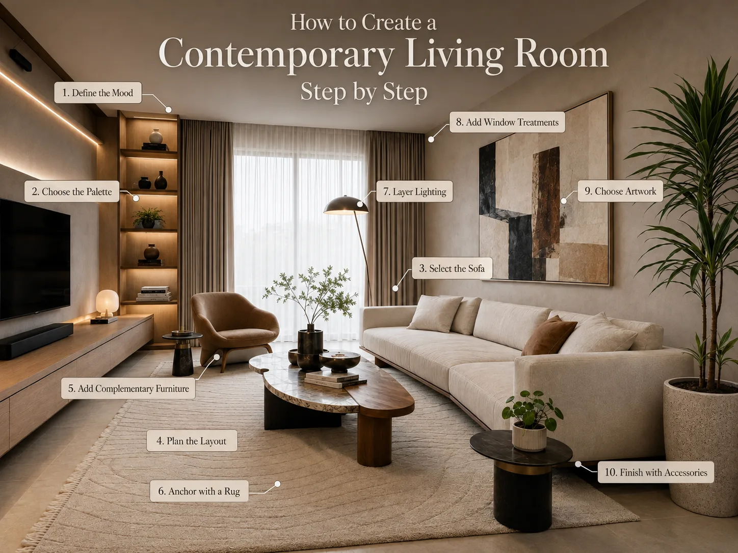 How to create a contemporary living room step by step with sofa, layout, rug, lighting, window treatments, artwork and accessories