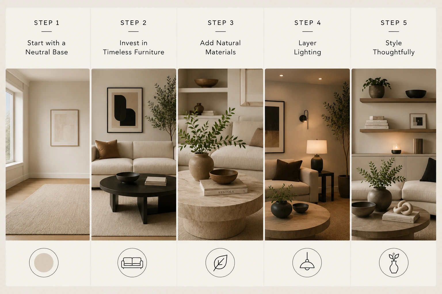 Modern living room styling guide showing five simple steps including a neutral base, timeless furniture, natural materials, layered lighting, and thoughtful décor styling.
