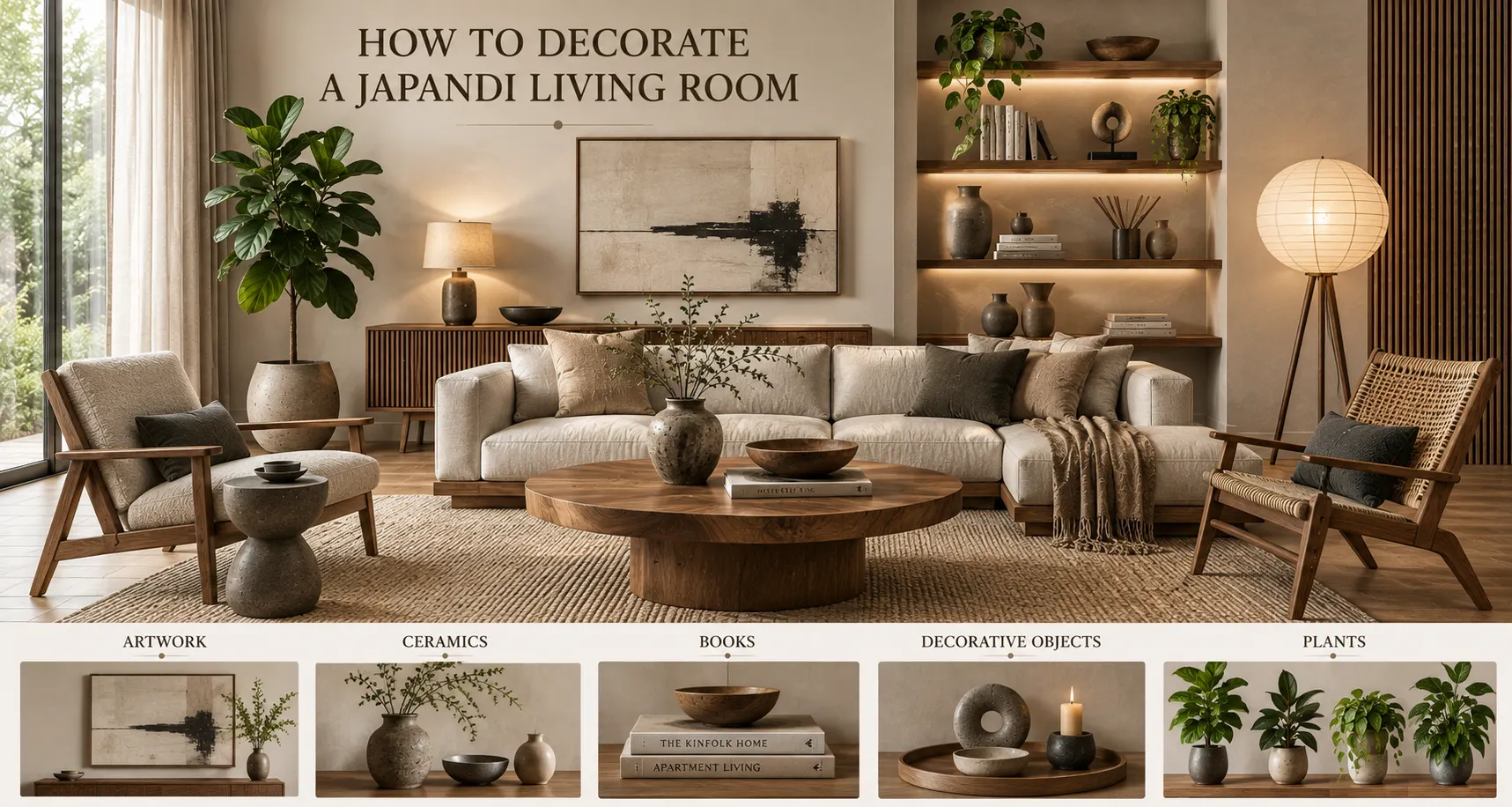Japandi living room decor with minimalist artwork, handmade ceramics, books, decorative objects and indoor plants