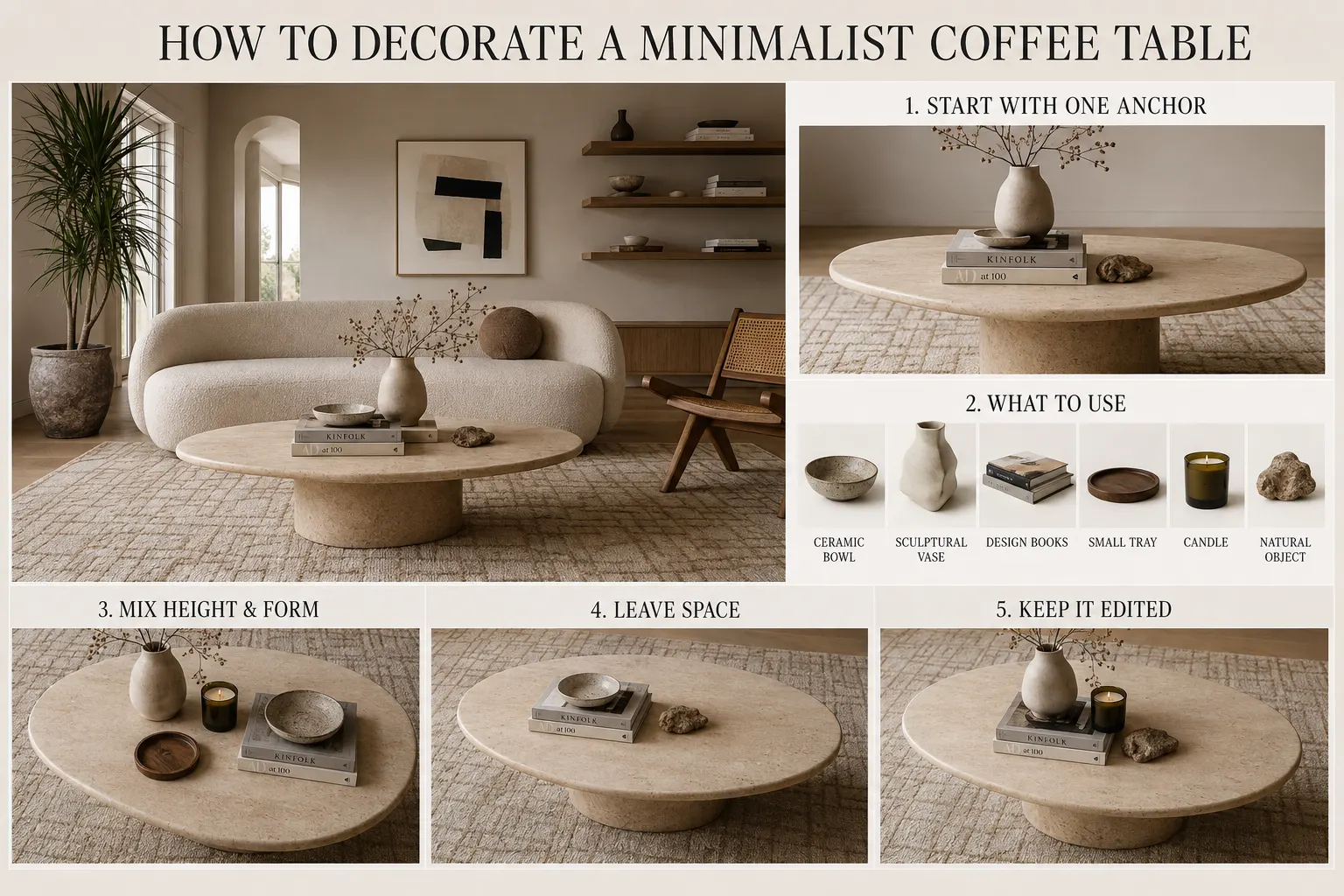 How to decorate a minimalist coffee table guide showing a styled round stone coffee table with a ceramic vase, design books, candle, tray and natural object.