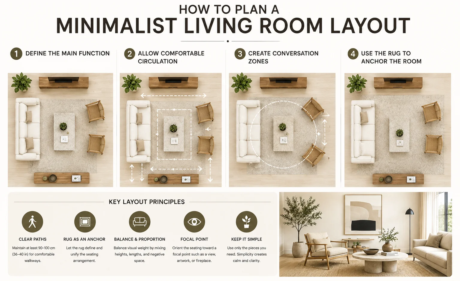 Minimalist living room layout infographic showing furniture placement, clear circulation paths, conversation zones, rug placement and balanced seating.