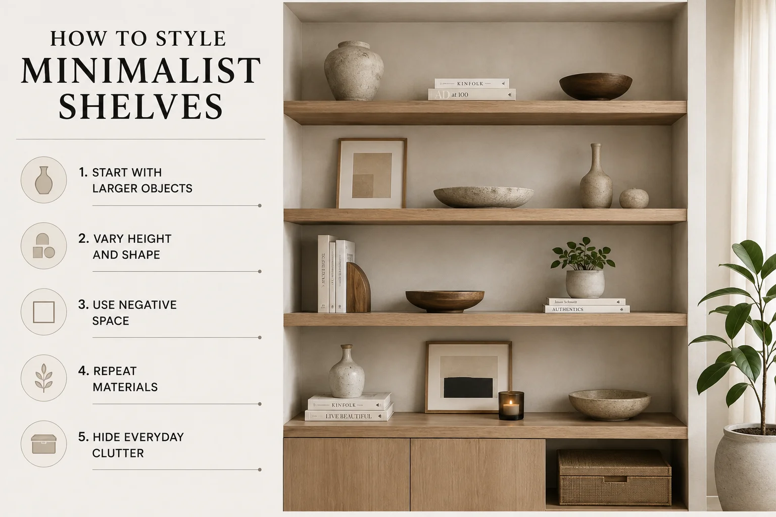 How to style minimalist shelves with larger objects, varied heights, negative space, repeated materials and concealed storage.