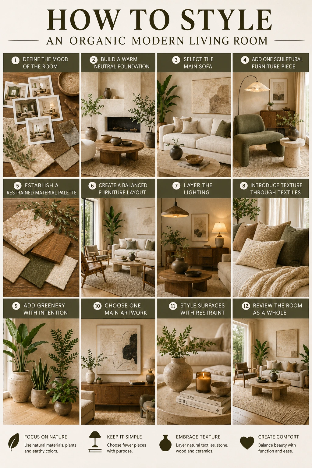 How to style an Organic Modern living room with warm neutral colors, natural materials, sculptural furniture, layered lighting, textiles, greenery and minimalist decor.