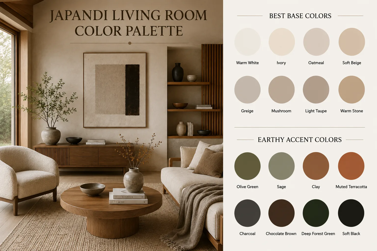 Japandi living room color palette with warm neutral base colors and earthy accent shades