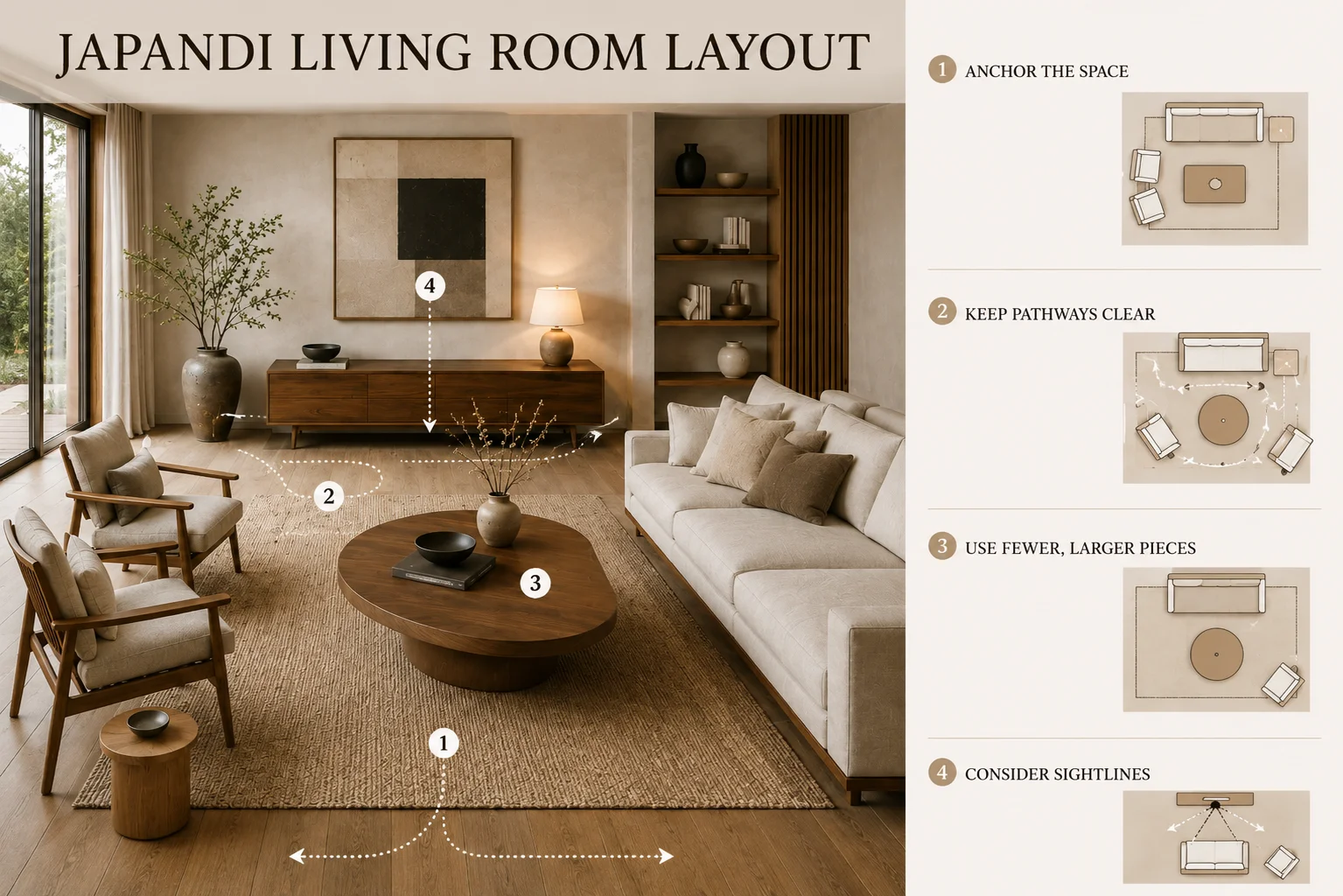 Japandi living room layout with large rug, clear pathways, low furniture and intentional sightlines