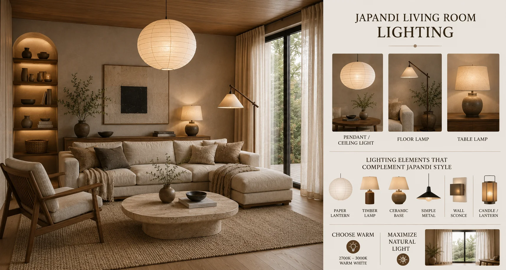 Japandi living room lighting with paper pendant, floor lamp, table lamp and warm natural light