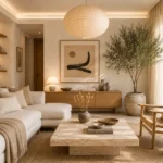Bright Japandi living room with light oak furniture, linen sofa, paper pendant light, travertine coffee table, handmade ceramics, dried billy button stems, olive tree planter and warm natural daylight.