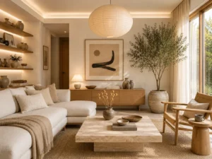 Bright Japandi living room with light oak furniture, linen sofa, paper pendant light, travertine coffee table, handmade ceramics, dried billy button stems, olive tree planter and warm natural daylight.