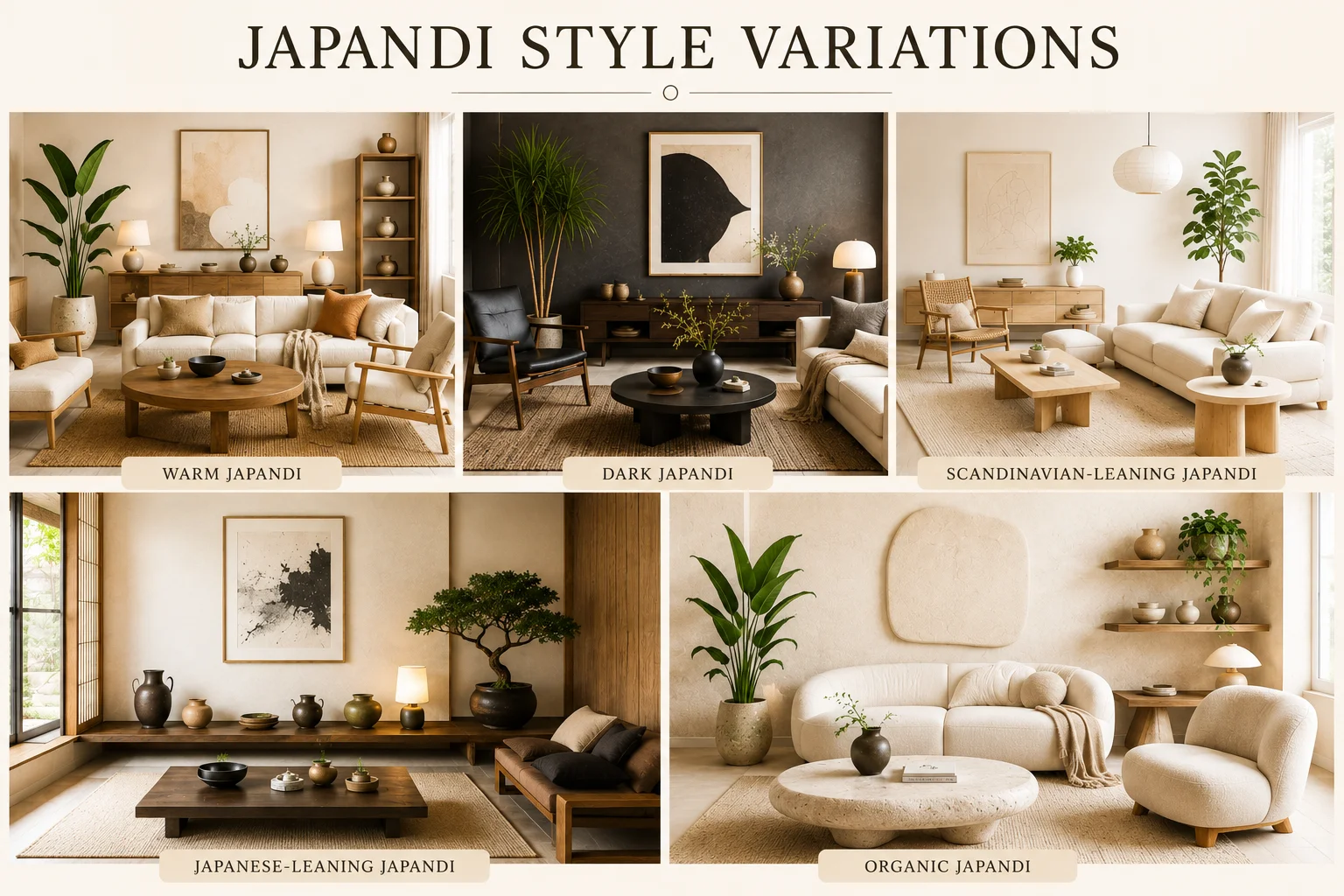 Japandi style variations showing warm, dark, Scandinavian-leaning, Japanese-leaning and organic Japandi living rooms
