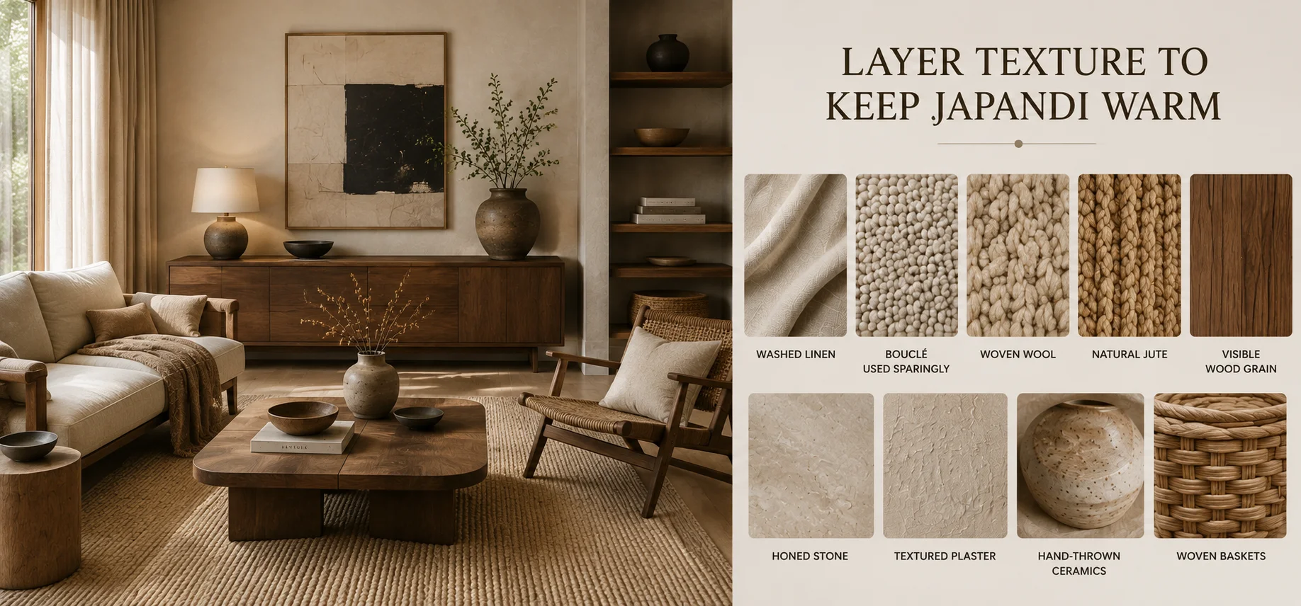 Japandi living room textures with washed linen, bouclé, wool, jute, wood grain, stone, plaster, ceramics and woven baskets