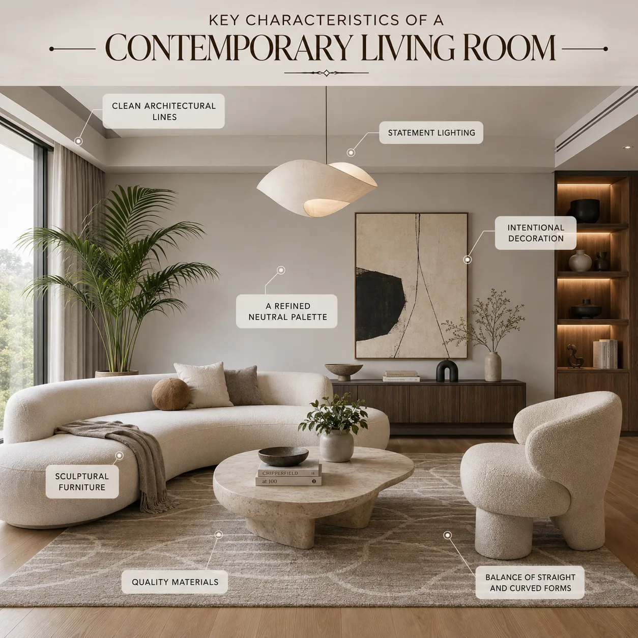 Key characteristics of a contemporary living room with sculptural furniture, neutral palette, quality materials, statement lighting and curated decor