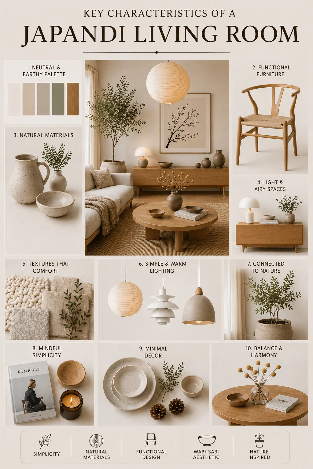 Key characteristics of a Japandi living room including natural materials, functional furniture, warm lighting and minimalist decor